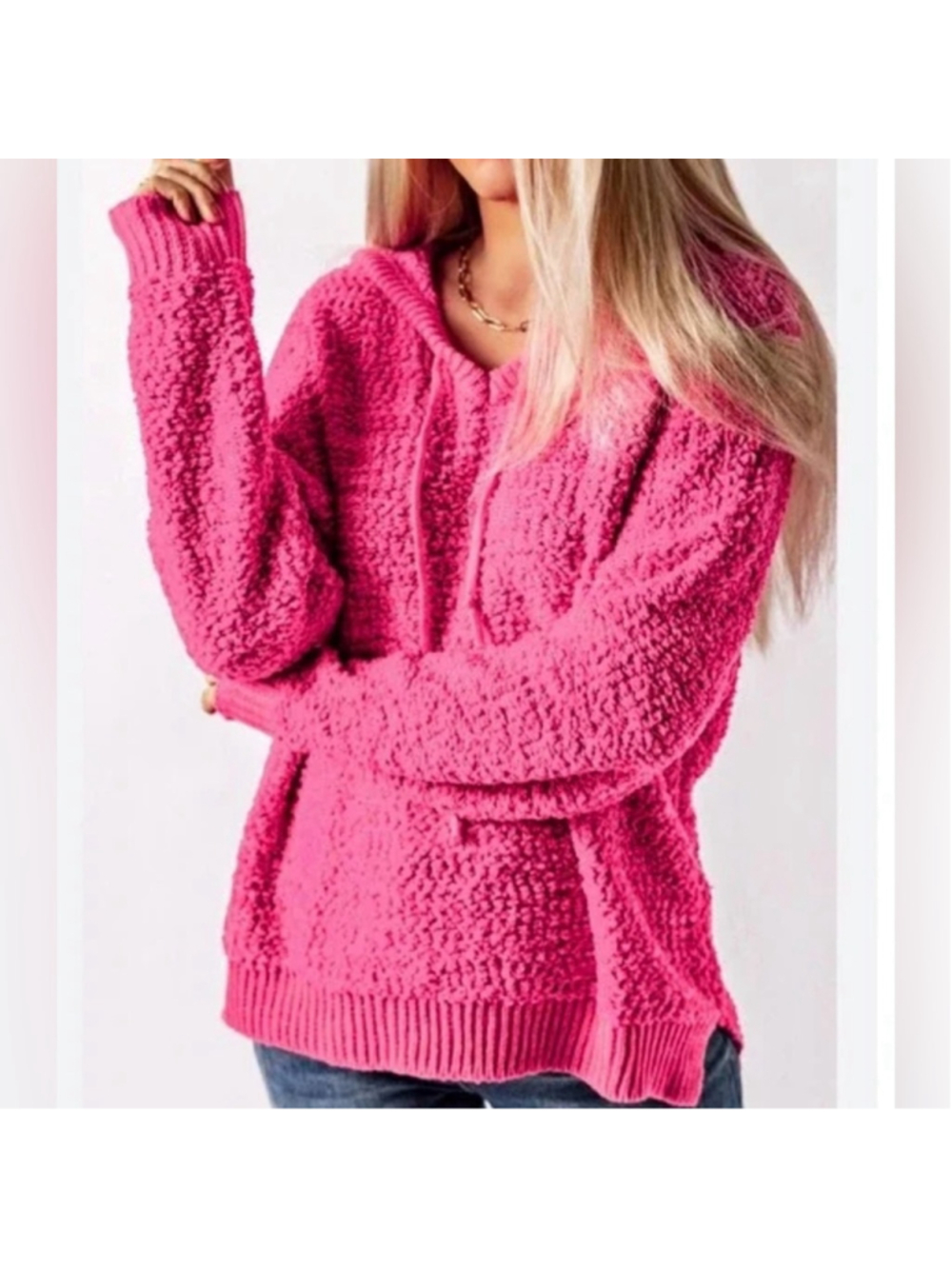 POL Pink Hoodie Popcorn Knit Sweater